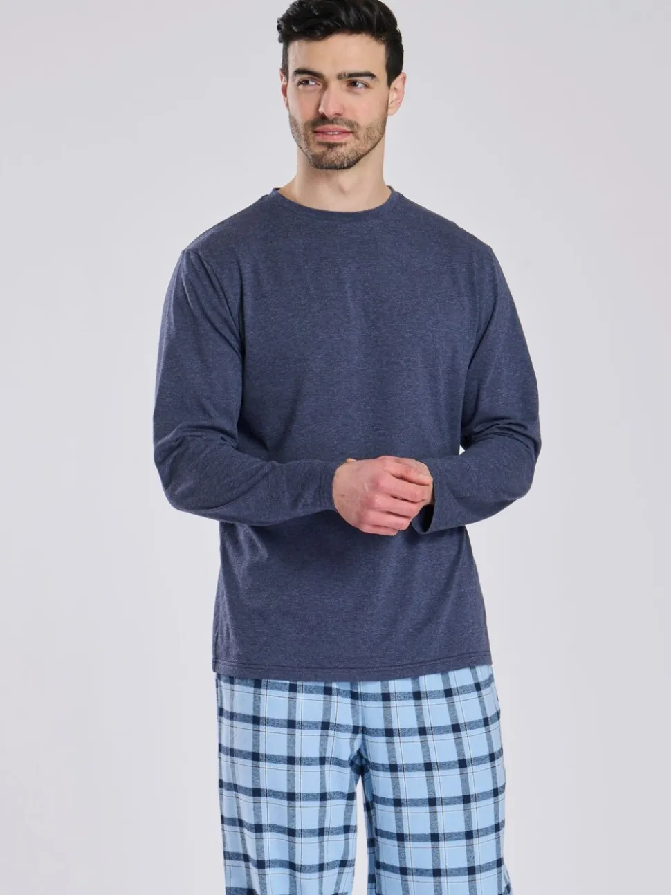 Blauw - Loungeable Pyjama's Set van jersey top en geborstelde Ruit Broeken