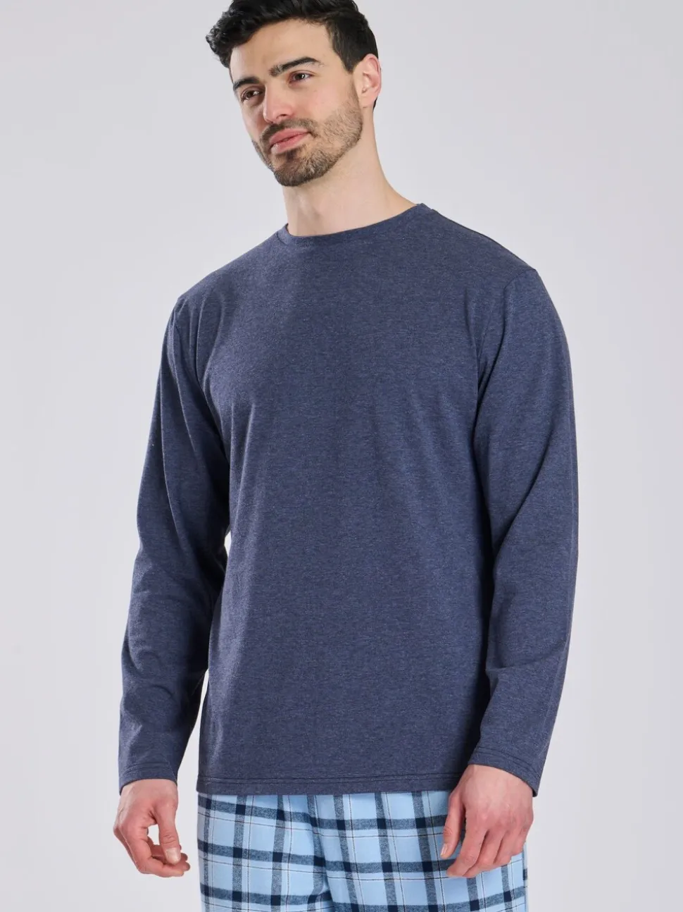 Blauw - Loungeable Pyjama's Set van jersey top en geborstelde Ruit Broeken