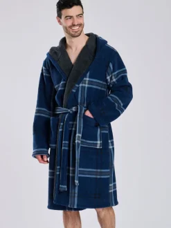 Blauw - Loungeable Ruit bonded fleece gevoerde kamerjas met capuchon