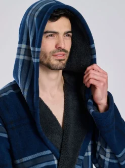 Blauw - Loungeable Ruit bonded fleece gevoerde kamerjas met capuchon