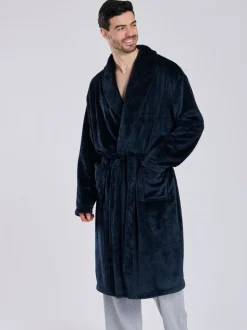 Blauw - Loungeable wafelstof fleece kamerjas met sjaalkraag
