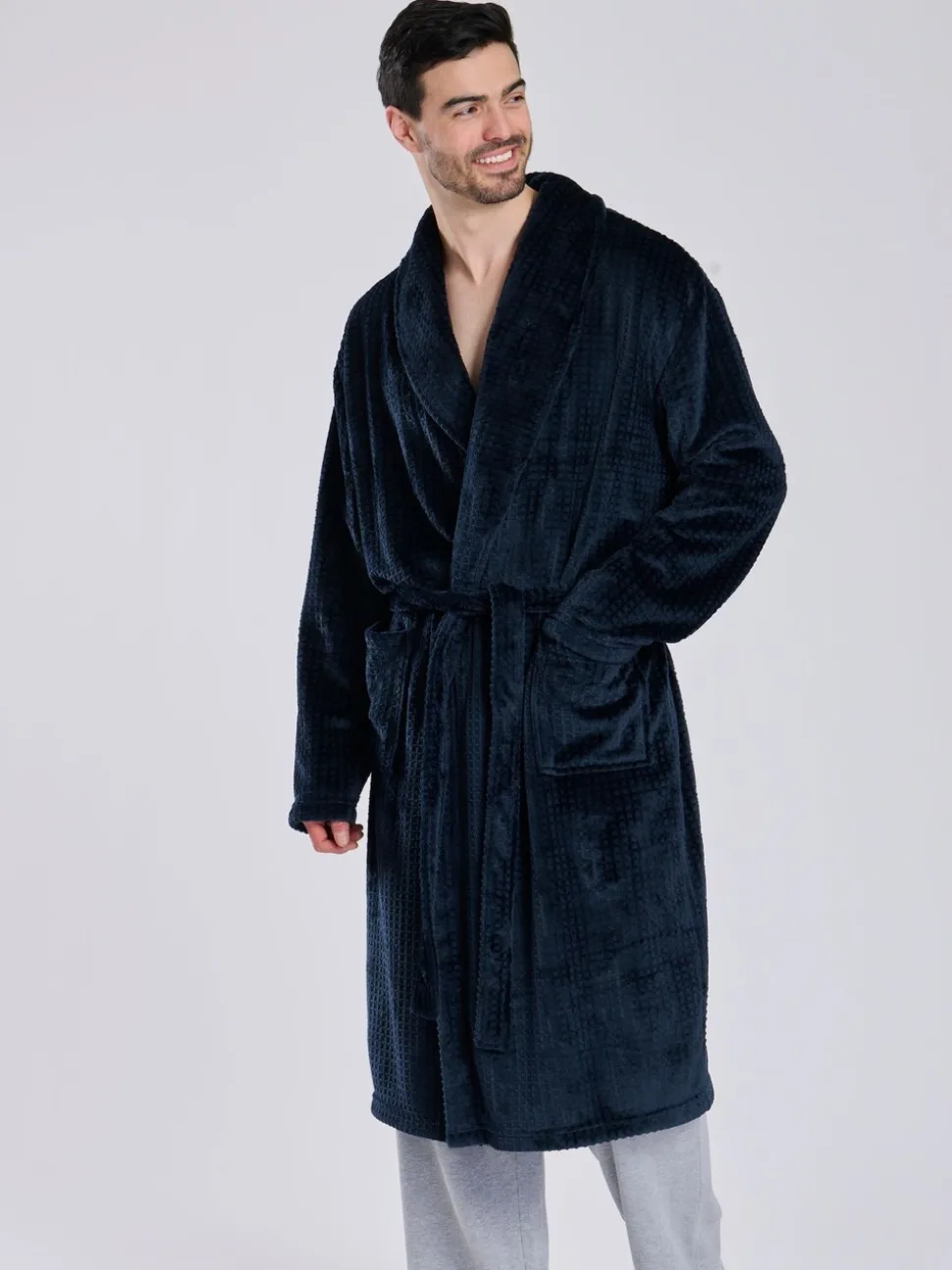 Blauw - Loungeable wafelstof fleece kamerjas met sjaalkraag