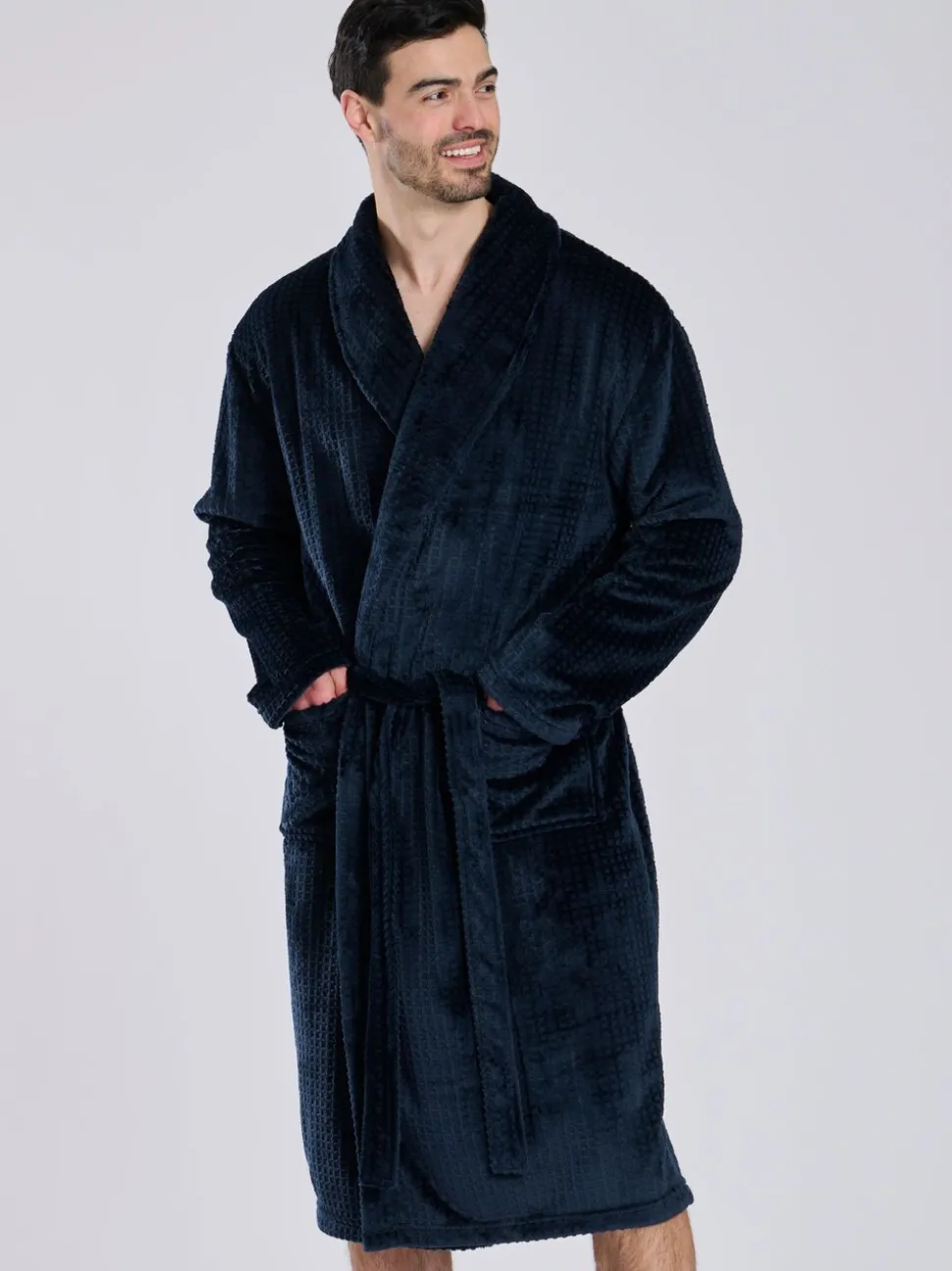 Blauw - Loungeable wafelstof fleece kamerjas met sjaalkraag