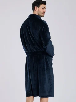 Blauw - Loungeable wafelstof fleece kamerjas met sjaalkraag