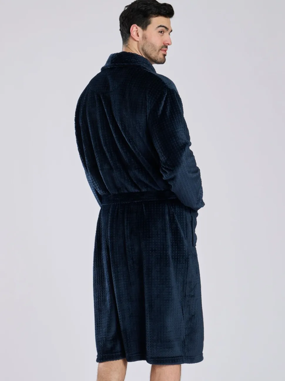 Blauw - Loungeable wafelstof fleece kamerjas met sjaalkraag