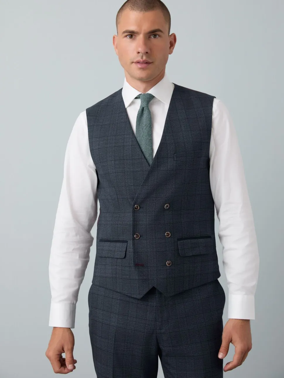 Blauw - Maatgesneden kostuum met ruit: herenvest