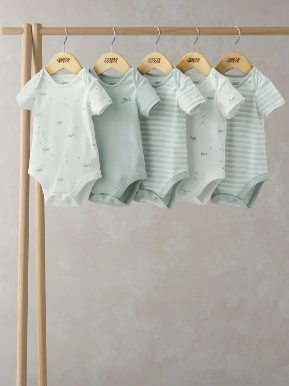 Blauw - Mamas & Papas blauwe 100% katoenen rompertjes met korte mouwen en walvisprint, 5 verpakking