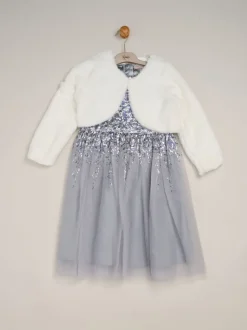 Blauw - Miss Waterfall Sequin Dress and Faux Fur Bolero Set