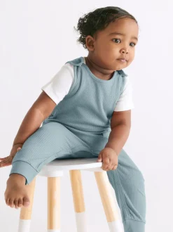 Blauw - MORI Ribbed Romper Dungarees