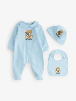 Blauw - Moschino Baby Logo Sleepsuit, Hat & Bib Giftset With Giftbox