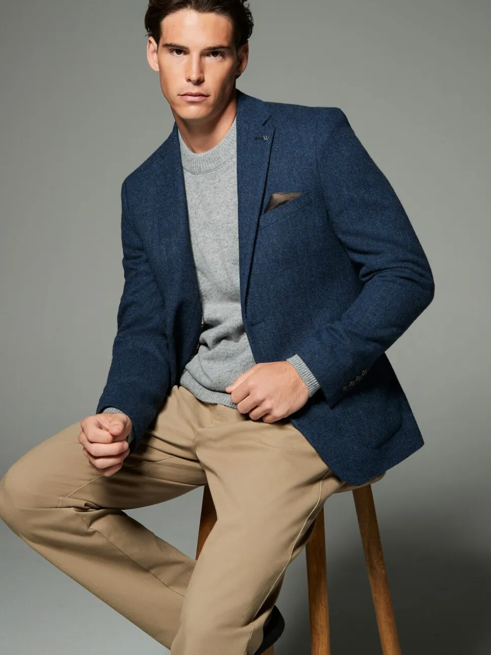 Blauw - Normale Pasvorm - Blazer met visgraatmotief en hoog wolgehalte