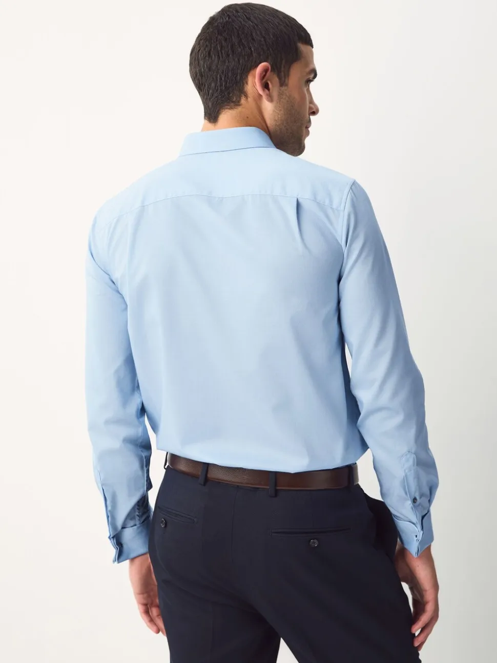 Blauw - Normale Pasvorm - Eenvoudig te strijken slim fit overhemd met textuur en dubbele manchetten