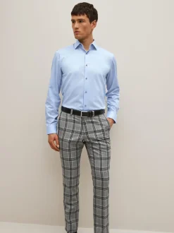 Blauw - Normale Pasvorm - Onderhoudsvriendelijk, getextureerd, slim fit overhemd met enkele manchet