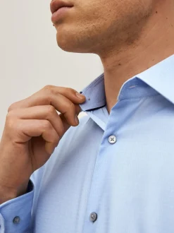 Blauw - Normale Pasvorm - Onderhoudsvriendelijk, getextureerd, slim fit overhemd met enkele manchet