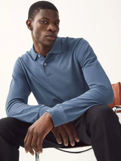Blauw - Normale Pasvorm - Piqué polo met lange mouwen