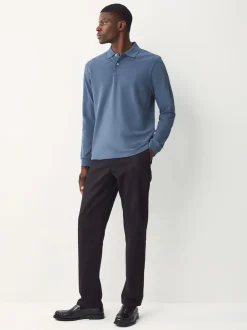 Blauw - Normale Pasvorm - Piqué polo met lange mouwen