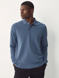 Blauw - Normale Pasvorm - Piqué polo met lange mouwen