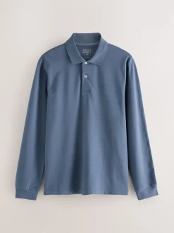 Blauw - Normale Pasvorm - Piqué polo met lange mouwen