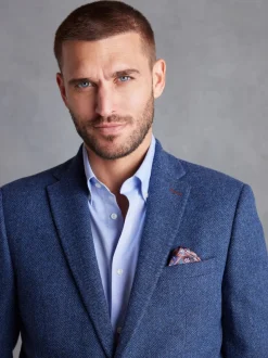 Blauw - Normale Pasvorm - Signature Nova Fides Blazer van wolblend met visgraatmotief