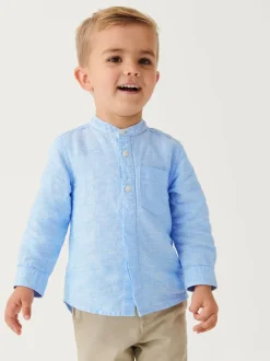 Blauw - Overhemd van linnenmix met opa-kraag (3 mnd-7 jr)