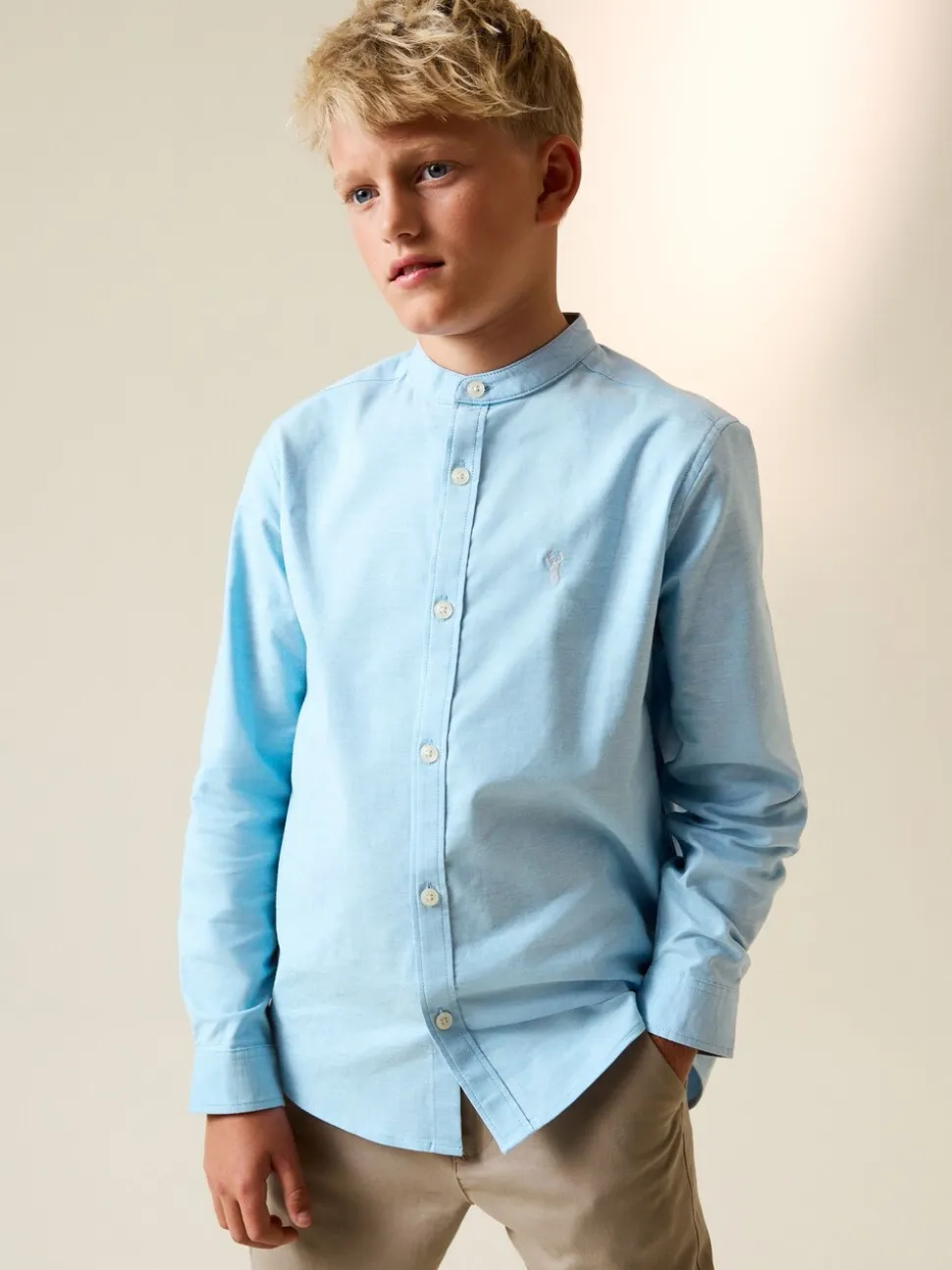 Blauw - Oxford-overhemd met Lange mouwen en opa-kraag (3-16jaar)
