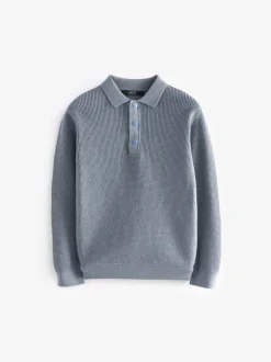 Blauw - Poloshirt met textuur en lange mouwen (3-16jr)