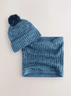 Blauw - Pom Beanie Hat & Snood Set 2 Piece (1-16yrs)