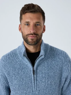 Blauw - Regular-fit gebreide trui met textuur en kwartrits bij de hals en wol