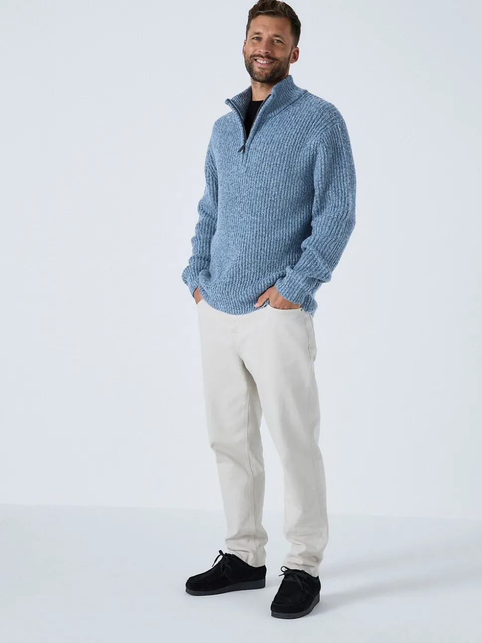Blauw - Regular-fit gebreide trui met textuur en kwartrits bij de hals en wol