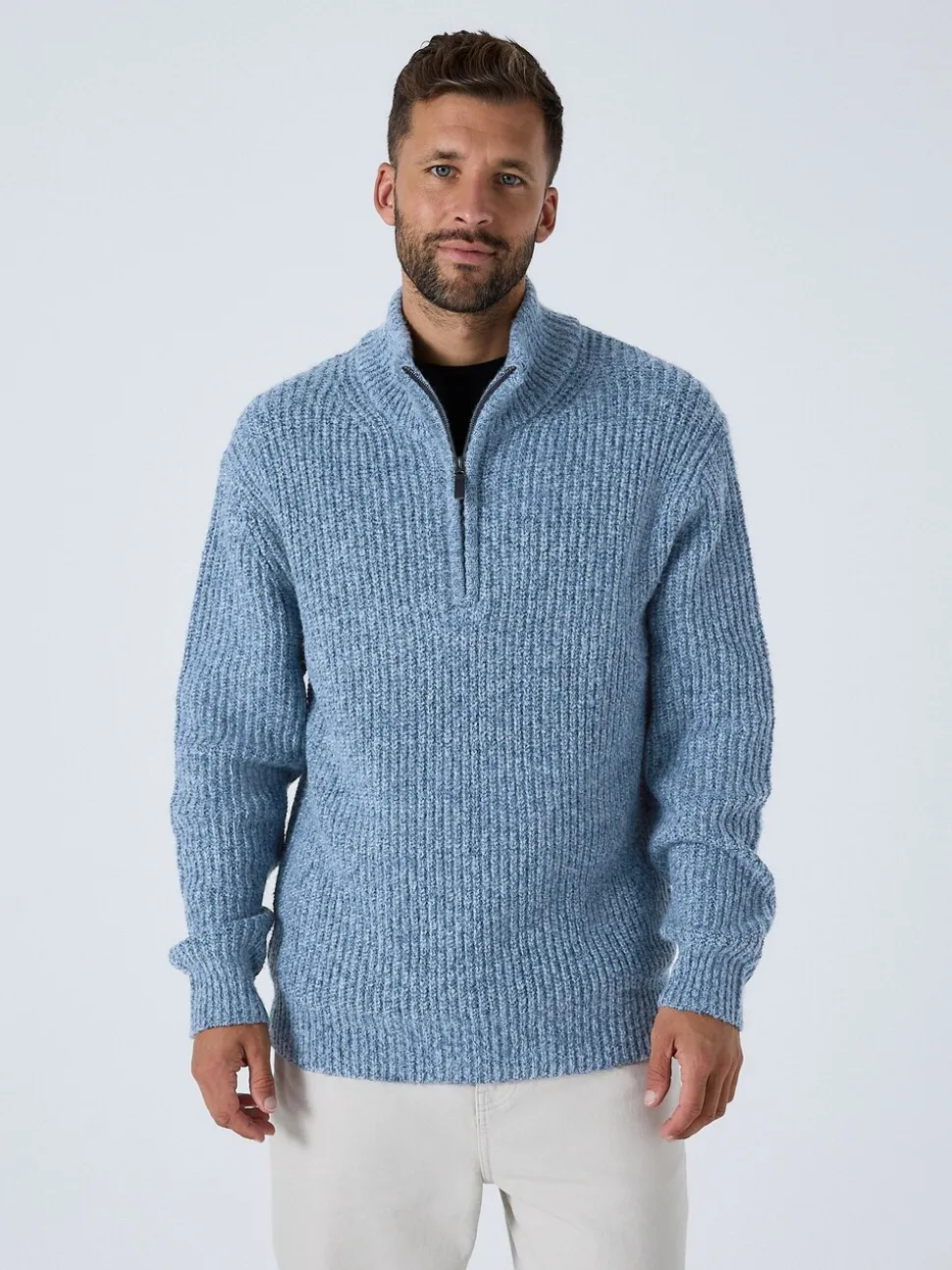Blauw - Regular-fit gebreide trui met textuur en kwartrits bij de hals en wol
