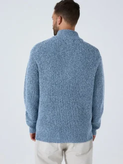 Blauw - Regular-fit gebreide trui met textuur en kwartrits bij de hals en wol