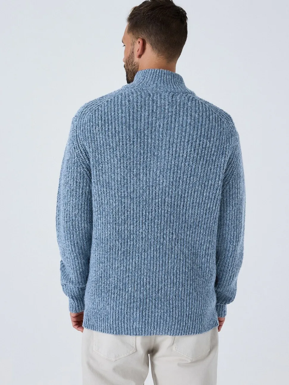 Blauw - Regular-fit gebreide trui met textuur en kwartrits bij de hals en wol