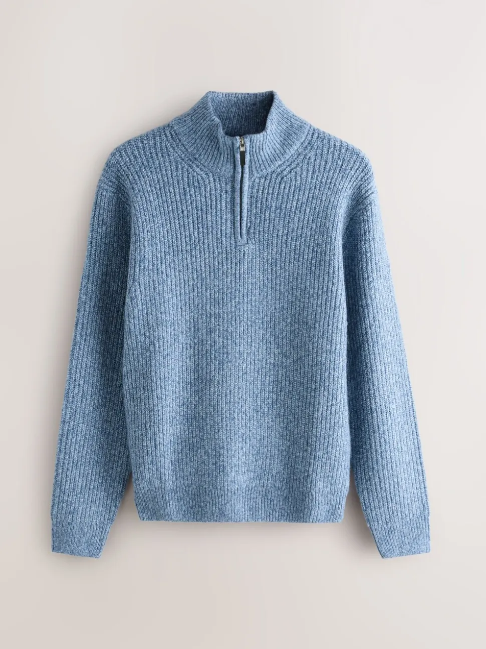 Blauw - Regular-fit gebreide trui met textuur en kwartrits bij de hals en wol