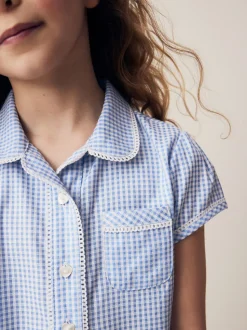 Blauw - Schoolblouse met gingham-ruit en hoog aandeel katoen (3-14jr)