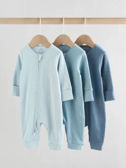 Blauw - Set van 3 voetloze Baby-pyjama's met tweewegrits (0-3jr)