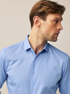 Blauw - Slim Fit - Eenvoudig te strijken slim fit overhemd met textuur en dubbele manchetten