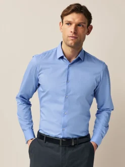 Blauw - Slim Fit - Eenvoudig te strijken slim fit overhemd met textuur en dubbele manchetten