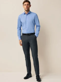 Blauw - Slim Fit - Eenvoudig te strijken slim fit overhemd met textuur en dubbele manchetten
