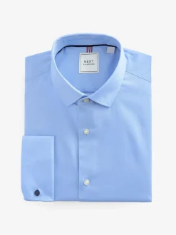 Blauw - Slim Fit - Eenvoudig te strijken slim fit overhemd met textuur en dubbele manchetten