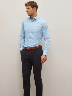 Blauw - Slim Fit - Onderhoudsvriendelijk, getextureerd, slim fit overhemd met enkele manchet