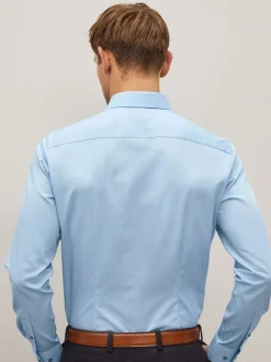 Blauw - Slim Fit - Onderhoudsvriendelijk, getextureerd, slim fit overhemd met enkele manchet