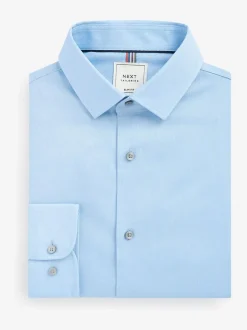Blauw - Slim Fit - Onderhoudsvriendelijk, getextureerd, slim fit overhemd met enkele manchet