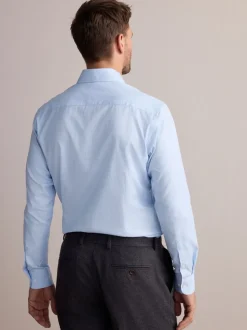 Blauw - Slim Fit - Signature 100% katoenen overhemd met textuur