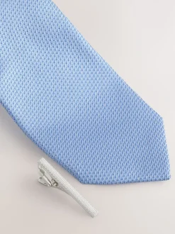 Blauw - Stropdas met textuur en dasspeld