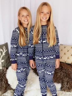 Blauw - The Little Tailor Kids Rendier kerstmis fair isle-patroon 100% katoen alles-in-één