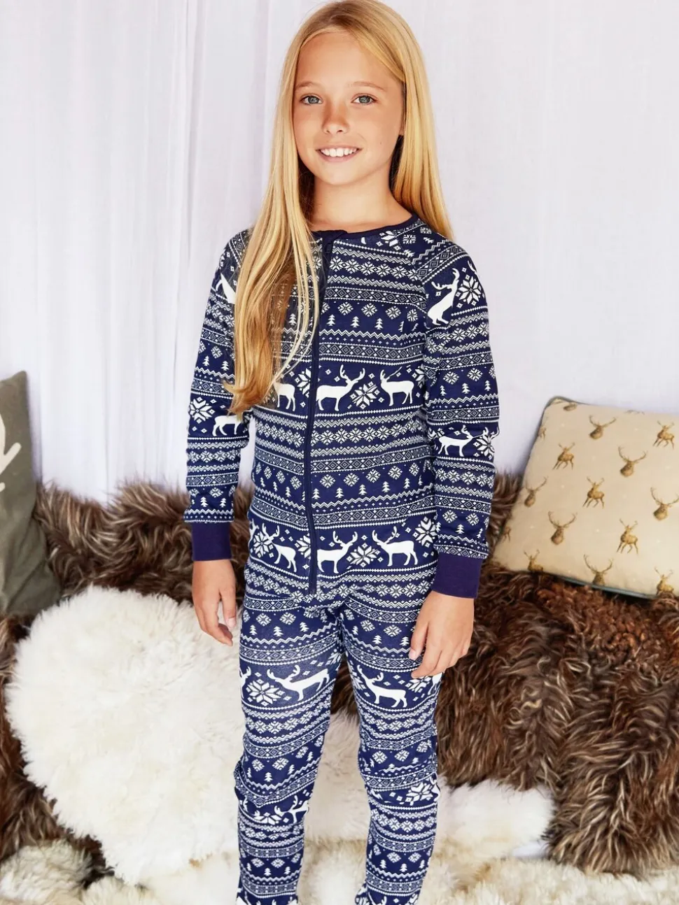 Blauw - The Little Tailor Kids Rendier kerstmis fair isle-patroon 100% katoen alles-in-één