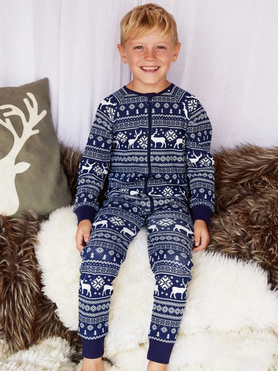 Blauw - The Little Tailor Kids Rendier kerstmis fair isle-patroon 100% katoen alles-in-één