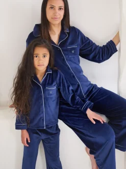 Blauw - The Little Tailor Luxe kerstpyjama voor kinderen van zacht aanvoelend velours