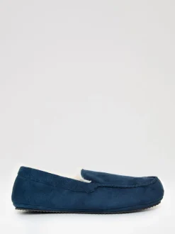 Blauw - Threadbare Faux Suede Faux Fur Lined Moccasin Slippers