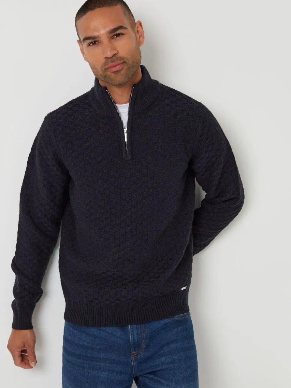 Blauw - Threadbare getextureerde wollen trui met korte rits